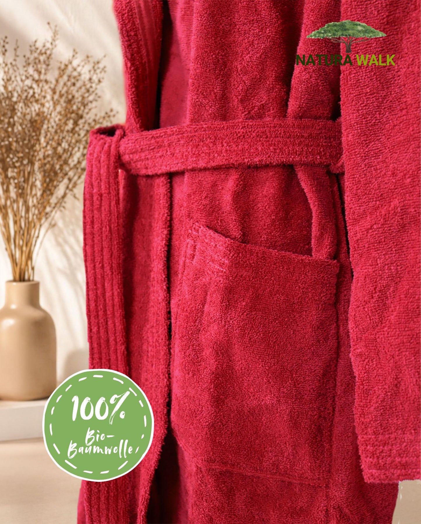 NATURAWALK hooded bathrobe 100% organic cotton, unisex, long - Bordeaux