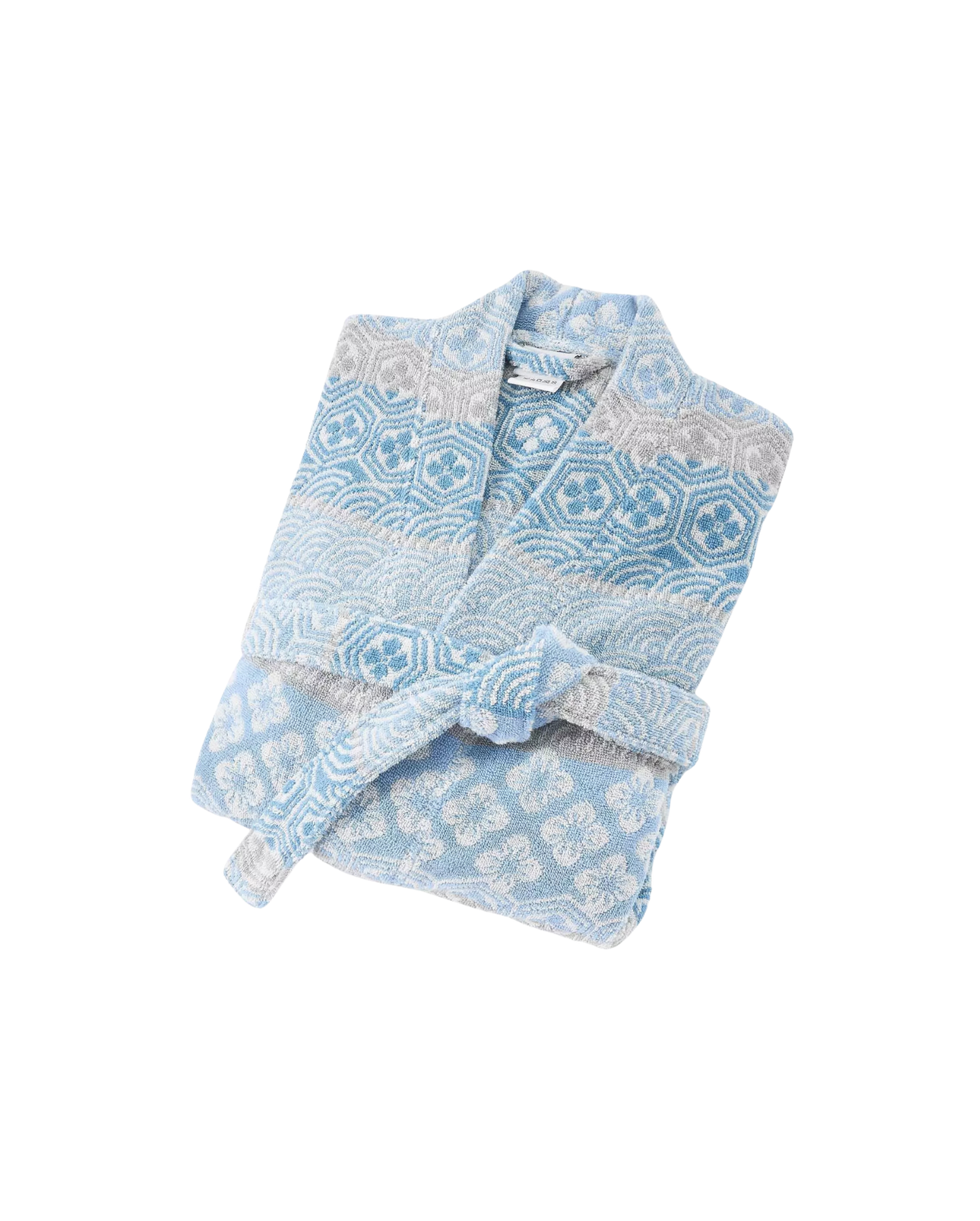 Eine Detailaufnahme des Stoffes vom bassetti Bademantel in der Farbe Blau. Die Struktur wird hervorgehoben. Modell Hanami G1.