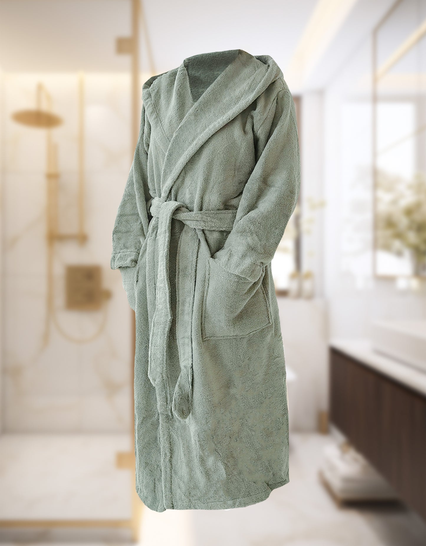 Ein Bademantel mit Kapuze von EN VOGUE aus 100 Prozent Baumwolle in der Farbe Mint. Modell Air Cotton Hellgruen.