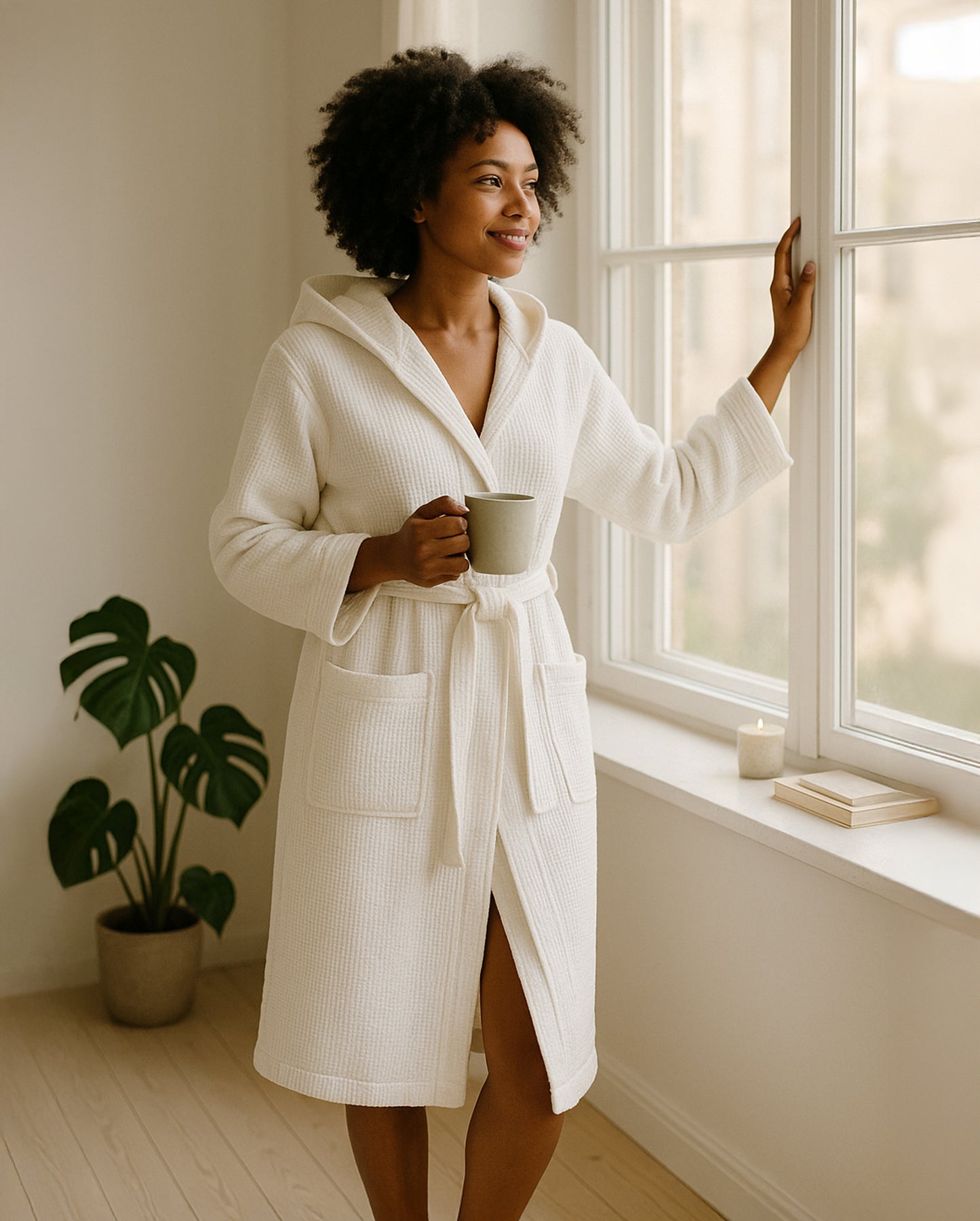 Bathrobe CARL COTTON Waffle Piqué - White