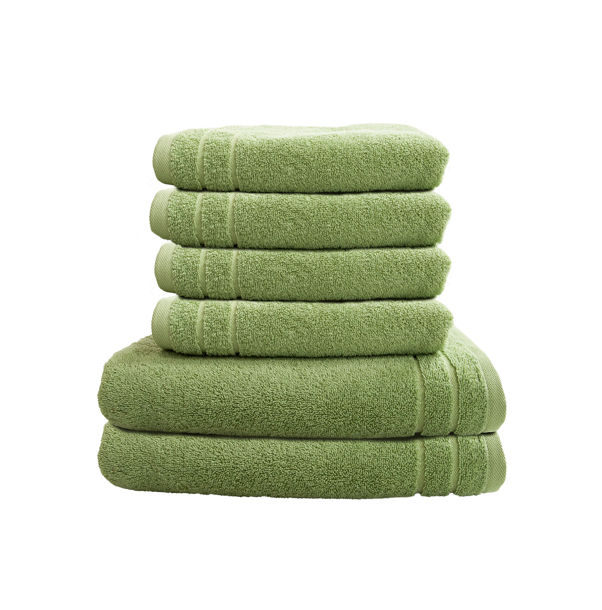 Ein Set aus zwei Duschtuechern und vier Handtuechern von CARL COTTON aus 100 Prozent Baumwolle. Farbe Gruen. Modell Trend Avocado.