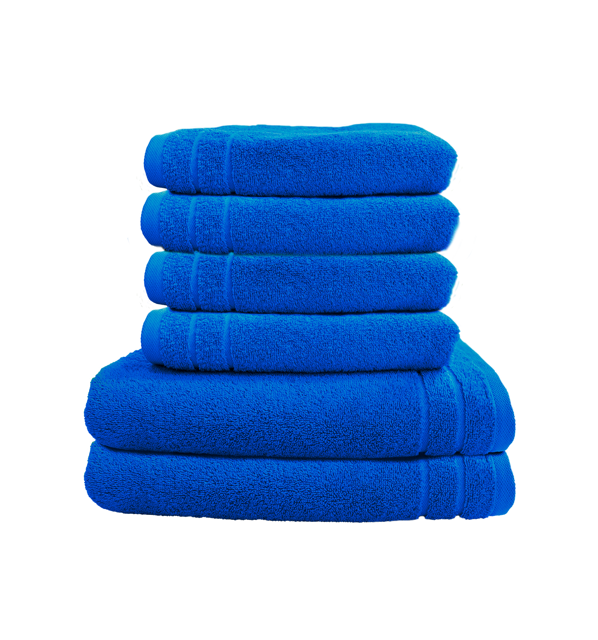 Ein Set aus zwei Duschtuechern und vier Handtuechern von CARL COTTON aus 100 Prozent Baumwolle. Farbe Blau. Modell Trend Electric Blue.
