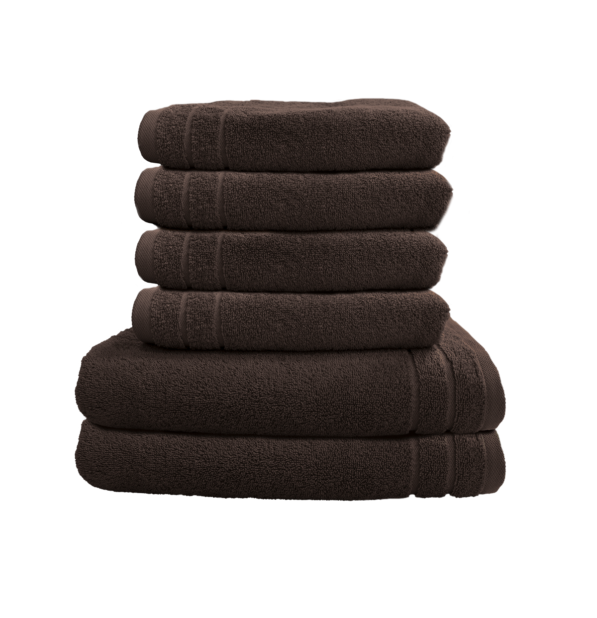 Ein Set aus zwei Duschtuechern und vier Handtuechern von CARL COTTON aus 100 Prozent Baumwolle. Farbe Braun. Modell Trend Espresso.