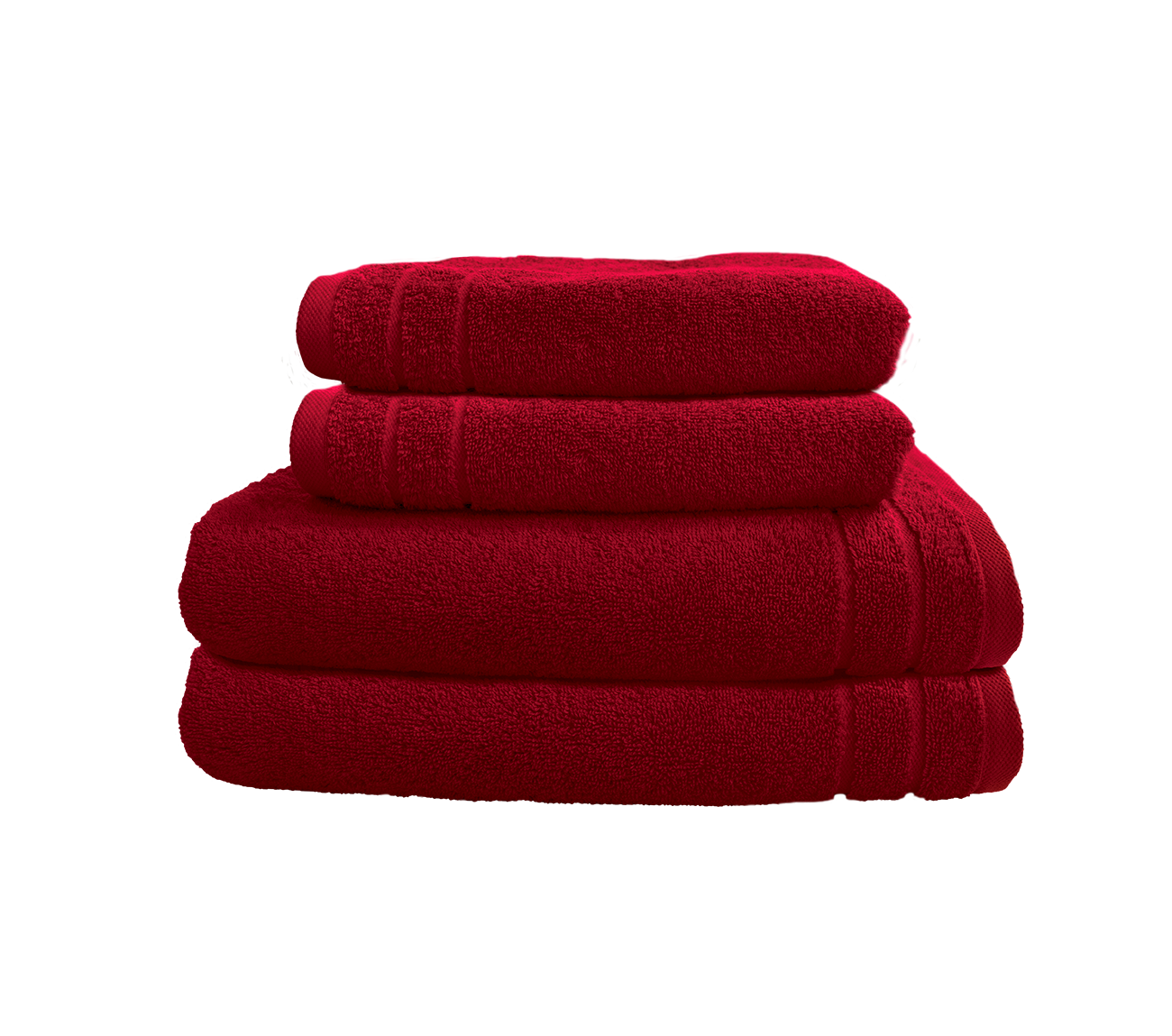 Ein Set aus zwei Duschtuechern und zwei Handtuechern von CARL COTTON aus 100 Prozent Baumwolle. Farbe Bordeaux. Modell Trend Kirsche.