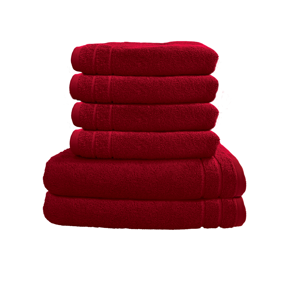 Ein Set aus zwei Duschtuechern und vier Handtuechern von CARL COTTON aus 100 Prozent Baumwolle. Farbe Bordeaux. Modell Trend Kirsche.