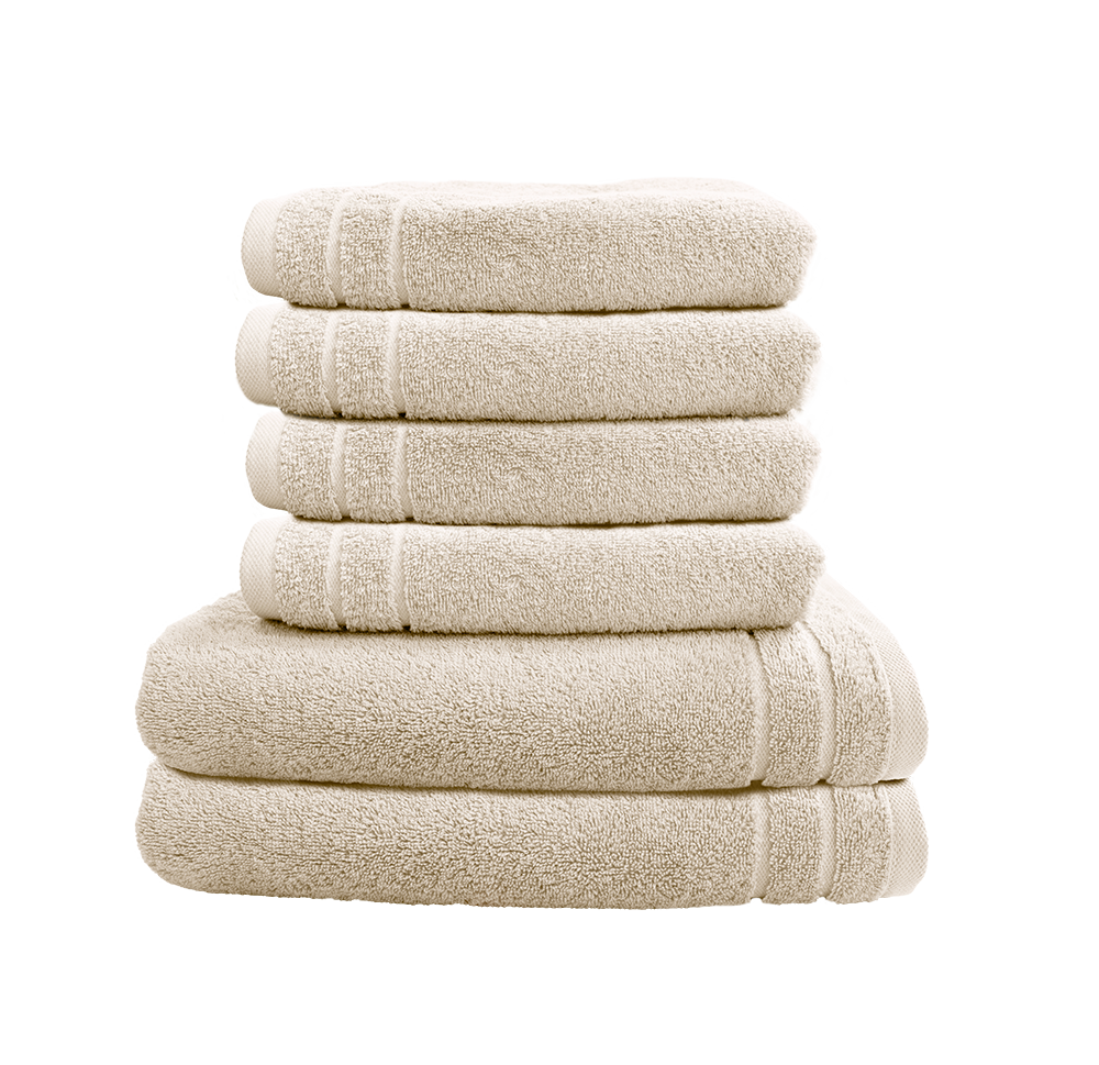 Ein Set aus zwei Duschtuechern und vier Handtuechern von CARL COTTON aus 100 Prozent Baumwolle. Farbe Beige. Modell Trend Leinen.