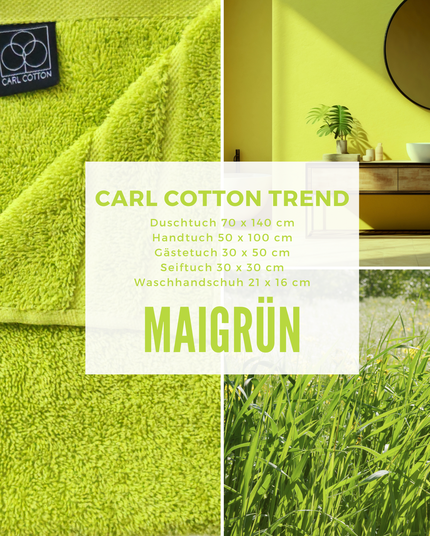 Collage aus Impressionen der Farbe Gruen. Passend zum CARL COTTON Handtuch Modell Maigruen.