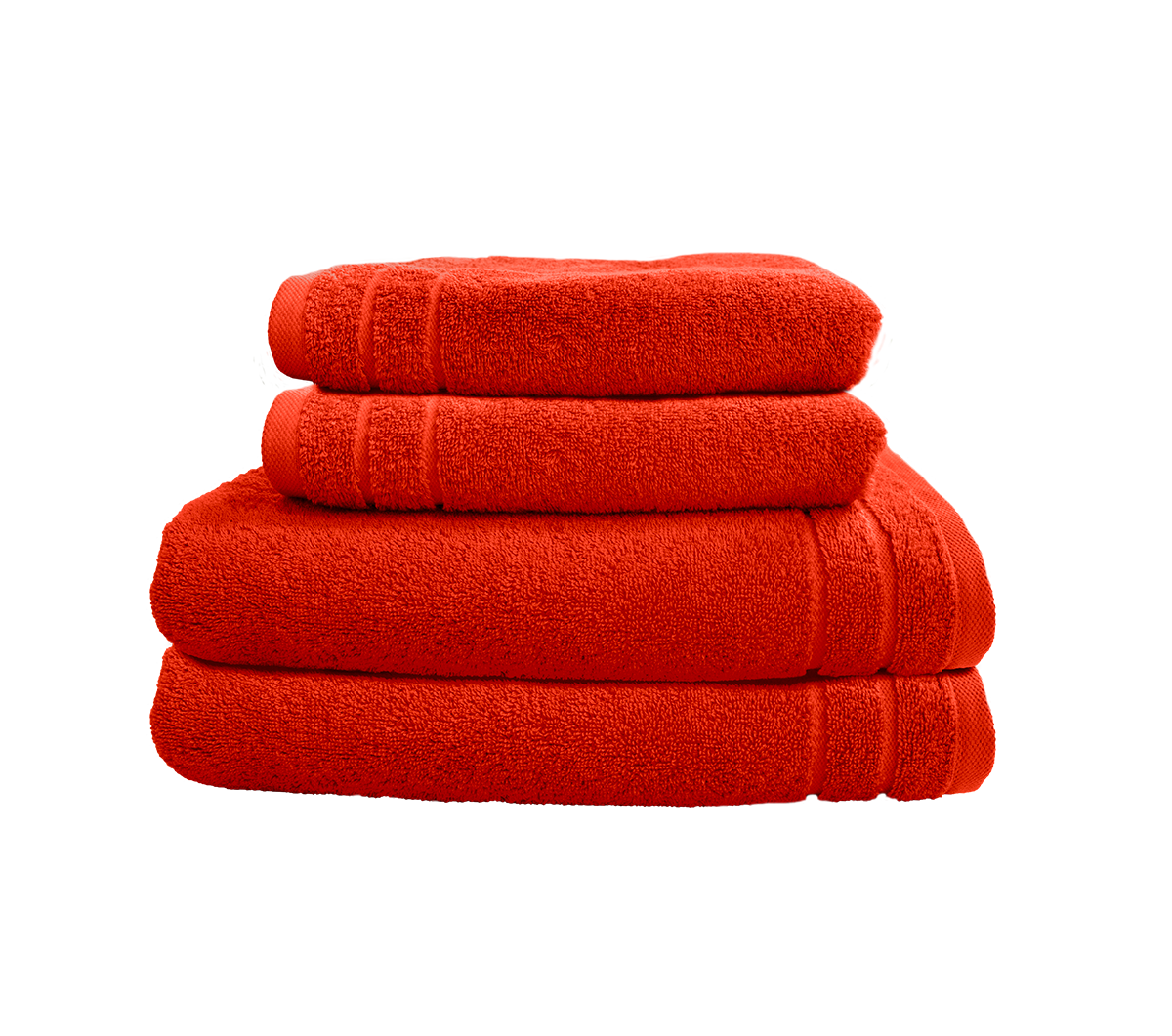 Ein Set aus zwei Duschtuechern und zwei Handtuechern von CARL COTTON aus 100 Prozent Baumwolle. Farbe Orange. Modell Trend Papaya.