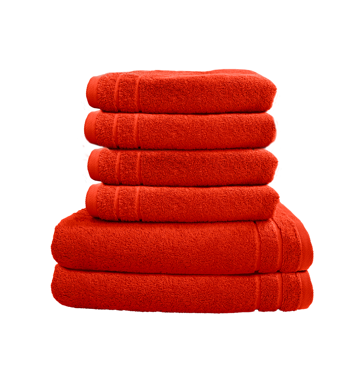 Ein Set aus zwei Duschtuechern und vier Handtuechern von CARL COTTON aus 100 Prozent Baumwolle. Farbe Orange. Modell Trend Papaya.