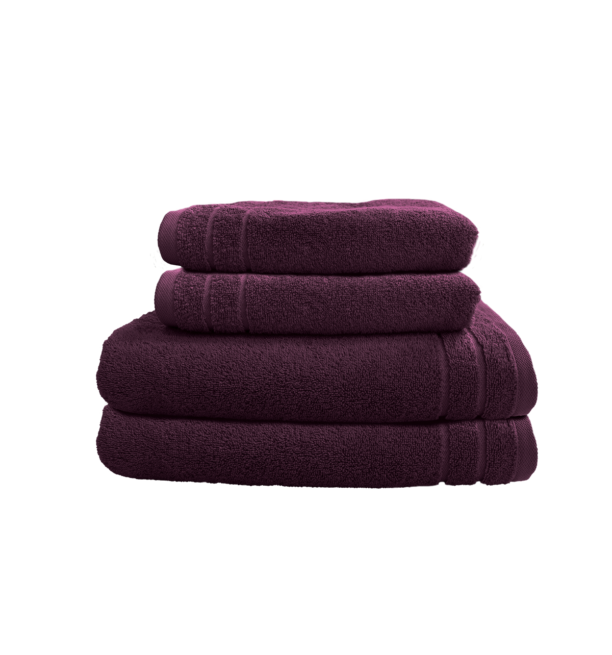 Ein Set aus zwei Duschtuechern und zwei Handtuechern von CARL COTTON aus 100 Prozent Baumwolle. Farbe Lila. Modell Trend Plum.