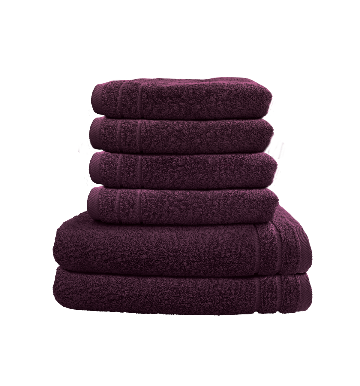 Ein Set aus zwei Duschtuechern und vier Handtuechern von CARL COTTON aus 100 Prozent Baumwolle. Farbe Lila. Modell Trend Plum.