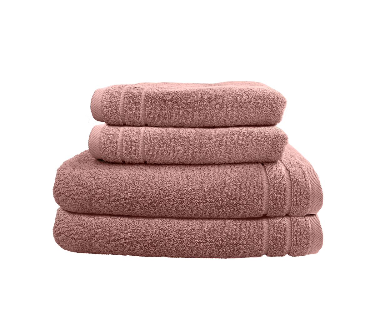 Ein Set aus zwei Duschtuechern und zwei Handtuechern von CARL COTTON aus 100 Prozent Baumwolle. Farbe Rosegold. Modell Trend Rosenholz.