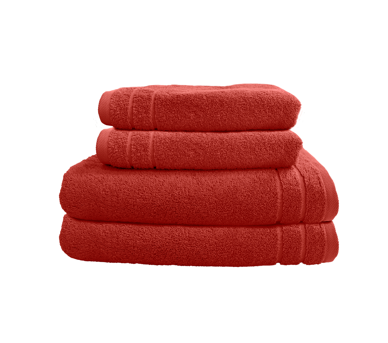 Ein Set aus zwei Duschtuechern und zwei Handtuechern von CARL COTTON aus 100 Prozent Baumwolle. Farbe Rot. Modell Trend Rost.