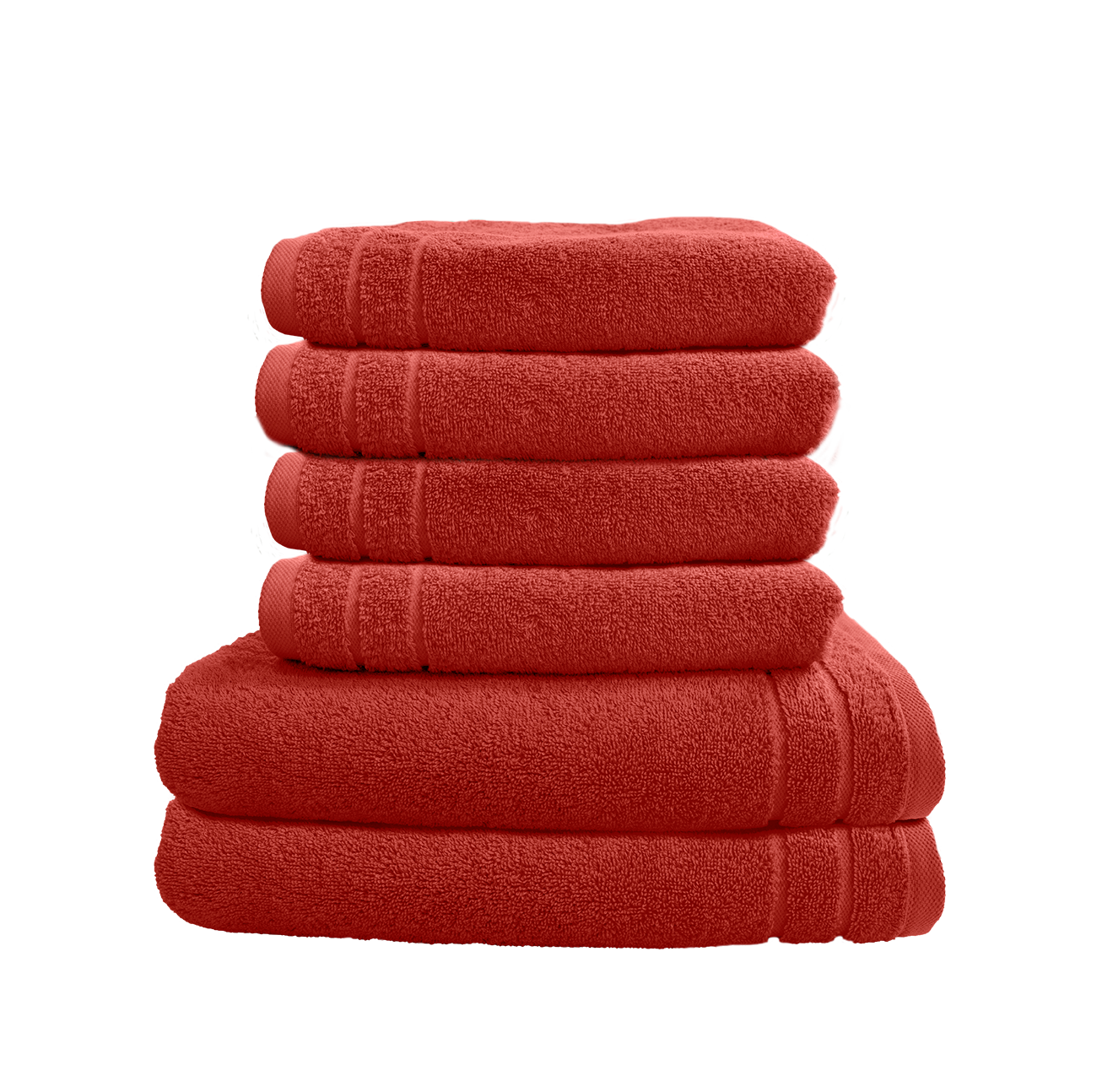 Ein Set aus zwei Duschtuechern und vier Handtuechern von CARL COTTON aus 100 Prozent Baumwolle. Farbe Rot. Modell Trend Rost.