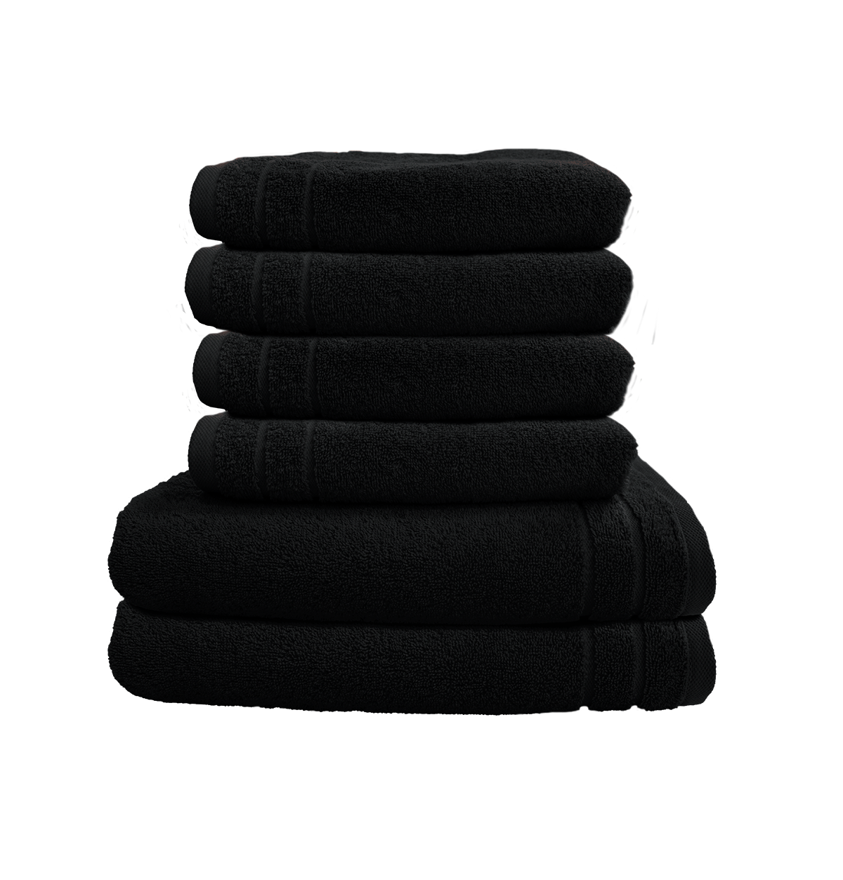 Ein Set aus zwei Duschtuechern und vier Handtuechern von CARL COTTON aus 100 Prozent Baumwolle. Farbe Schwarz. Modell Trend Schwarz.