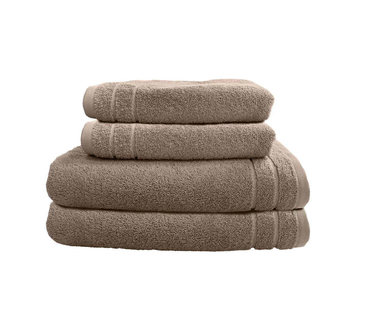 Ein Set aus zwei Duschtuechern und zwei Handtuechern von CARL COTTON aus 100 Prozent Baumwolle. Farbe Taupe. Modell Trend Taupe.
