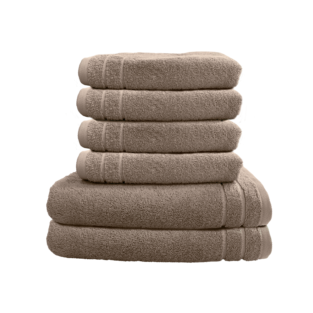 Ein Set aus zwei Duschtuechern und vier Handtuechern von CARL COTTON aus 100 Prozent Baumwolle. Farbe Taupe. Modell Trend Taupe.