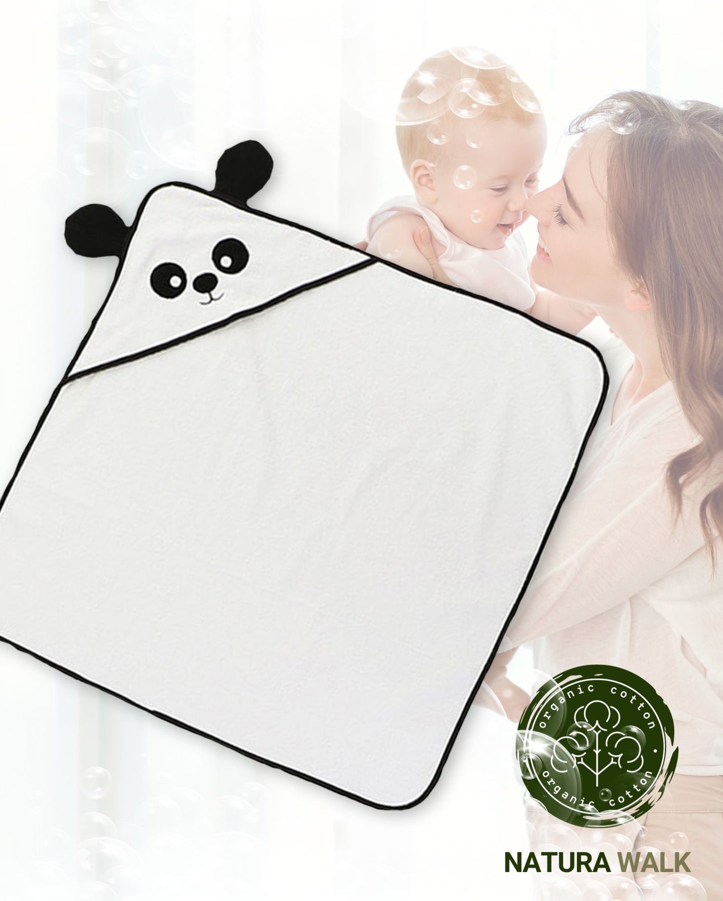 Ein Babyhandtuch mit Kapuze und Pandamotiv in der Farbe Weiss. Modell Panda - Weiss.
