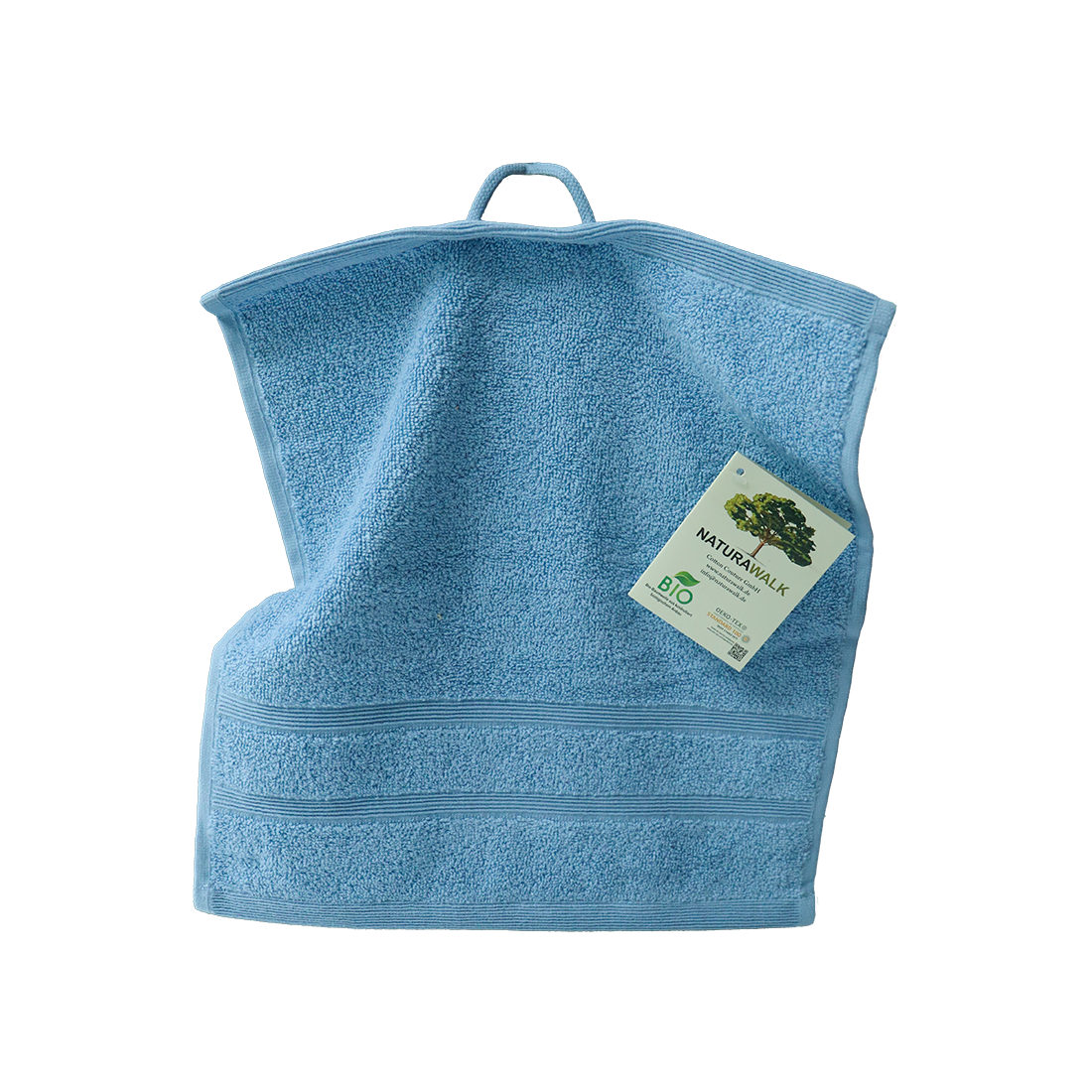 Ein Seiftuch von NATURAWALK aus 100 Prozent Bio-Baumwolle in der Groesse 30x30cm. Farbe Blau. Modell Milano Deluxe Sky.