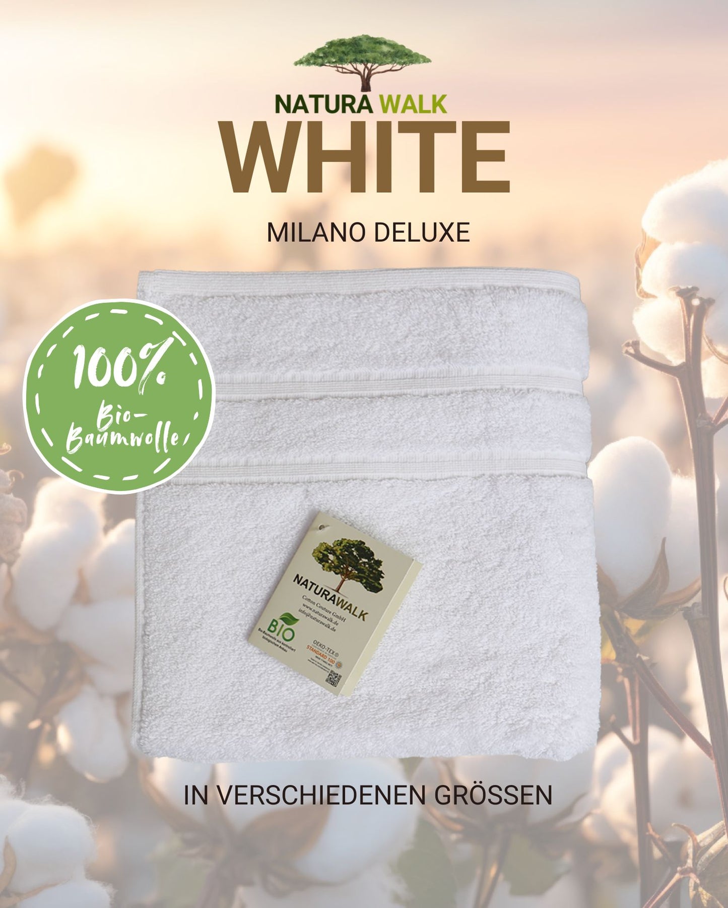 Ein Handtuch von NATURAWALK aus 100 Prozent Bio-Baumwolle in der Farbe Weiss. Modell Milano Deluxe White.