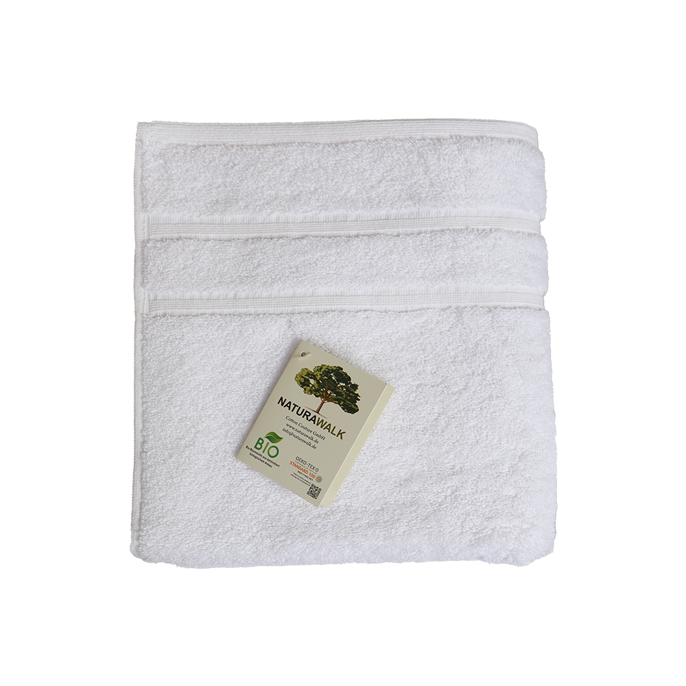 Ein Handtuch von NATURAWALK aus 100 Prozent Bio-Baumwolle in der Groesse 50x100cm. Farbe Weiss. Modell Milano Deluxe White.
