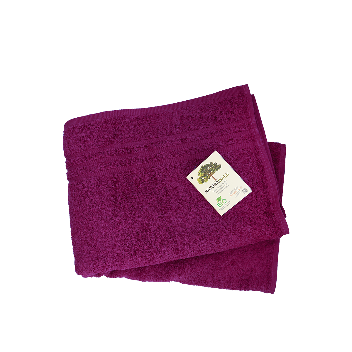 Duschtuch in der Groesse 70x140cm und Badetuch in der Groesse 100x150cm von NATURAWALK aus 100 Prozent Bio-Baumwolle. Farbe Lila. Modell Milano Exclusiv Beere.