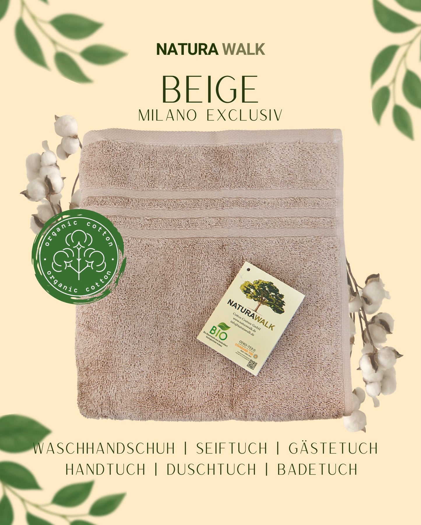 Ein Handtuch von NATURAWALK aus 100 Prozent Bio-Baumwolle in der Farbe Beige. Modell Milano Exclusiv Beige.
