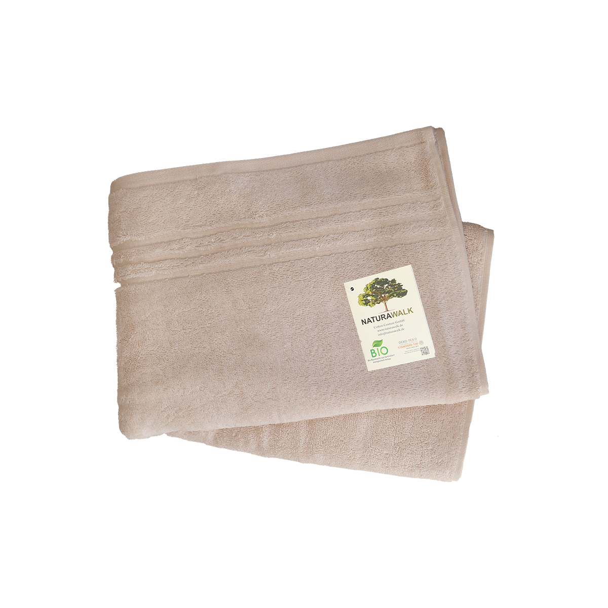 Duschtuch in der Groesse 70x140cm und Badetuch in der Groesse 100x150cm von NATURAWALK aus 100 Prozent Bio-Baumwolle. Farbe Beige. Modell Milano Exclusiv Beige.