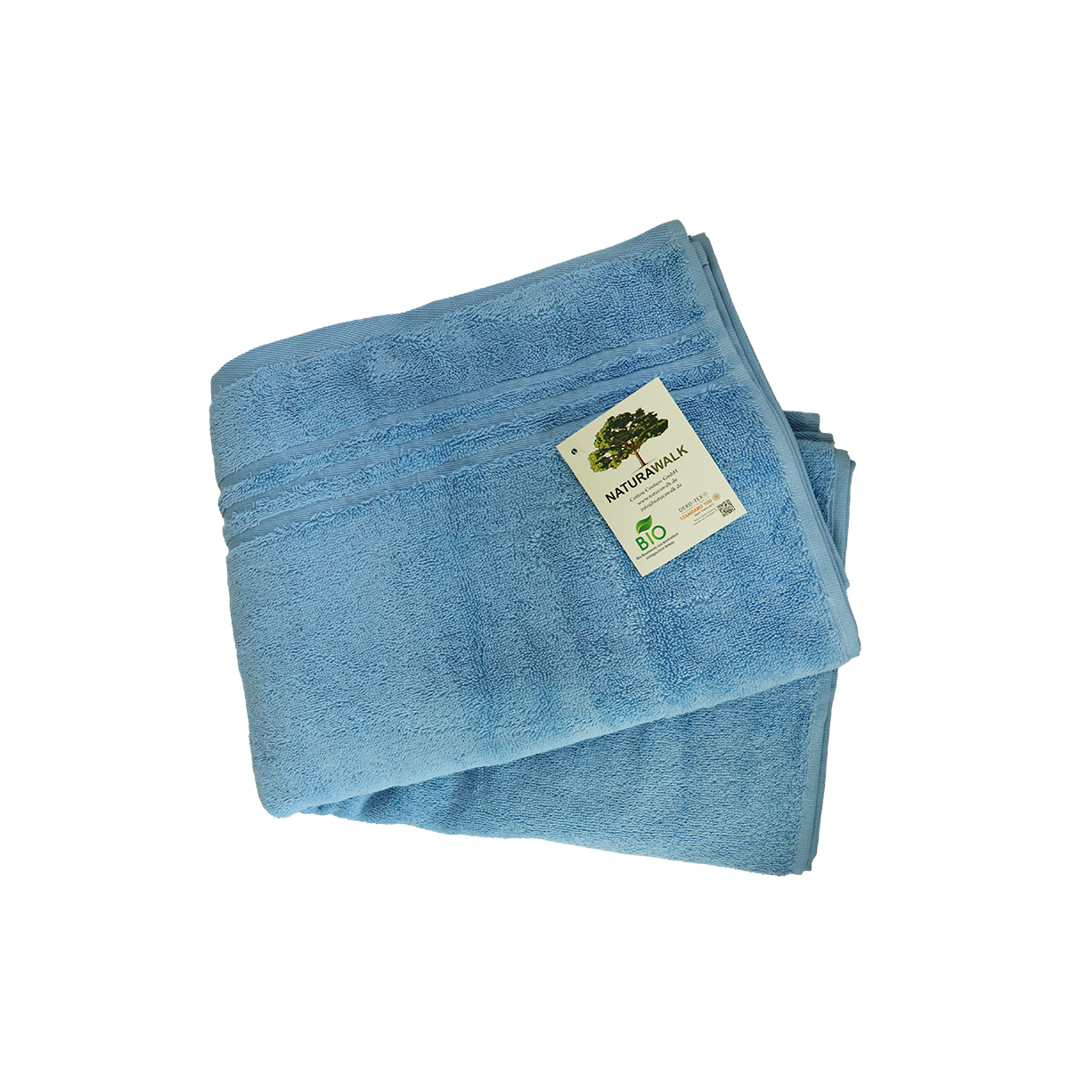 Duschtuch in der Groesse 70x140cm und Badetuch in der Groesse 100x150cm von NATURAWALK aus 100 Prozent Bio-Baumwolle. Farbe Blau. Modell Milano Exclusiv Blau.