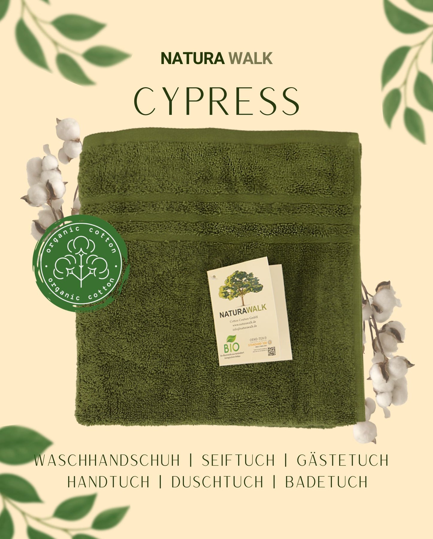 Ein Handtuch von NATURAWALK aus 100 Prozent Bio-Baumwolle in der Farbe Gruen. Modell Milano Exclusiv Cypress.