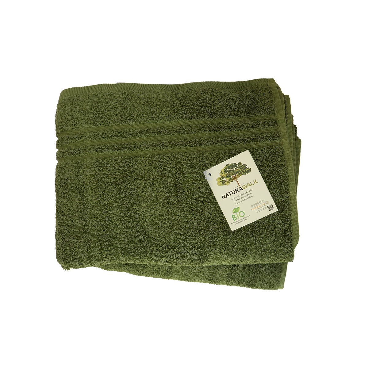 Duschtuch in der Groesse 70x140cm und Badetuch in der Groesse 100x150cm von NATURAWALK aus 100 Prozent Bio-Baumwolle. Farbe Gruen. Modell Milano Exclusiv Cypress.