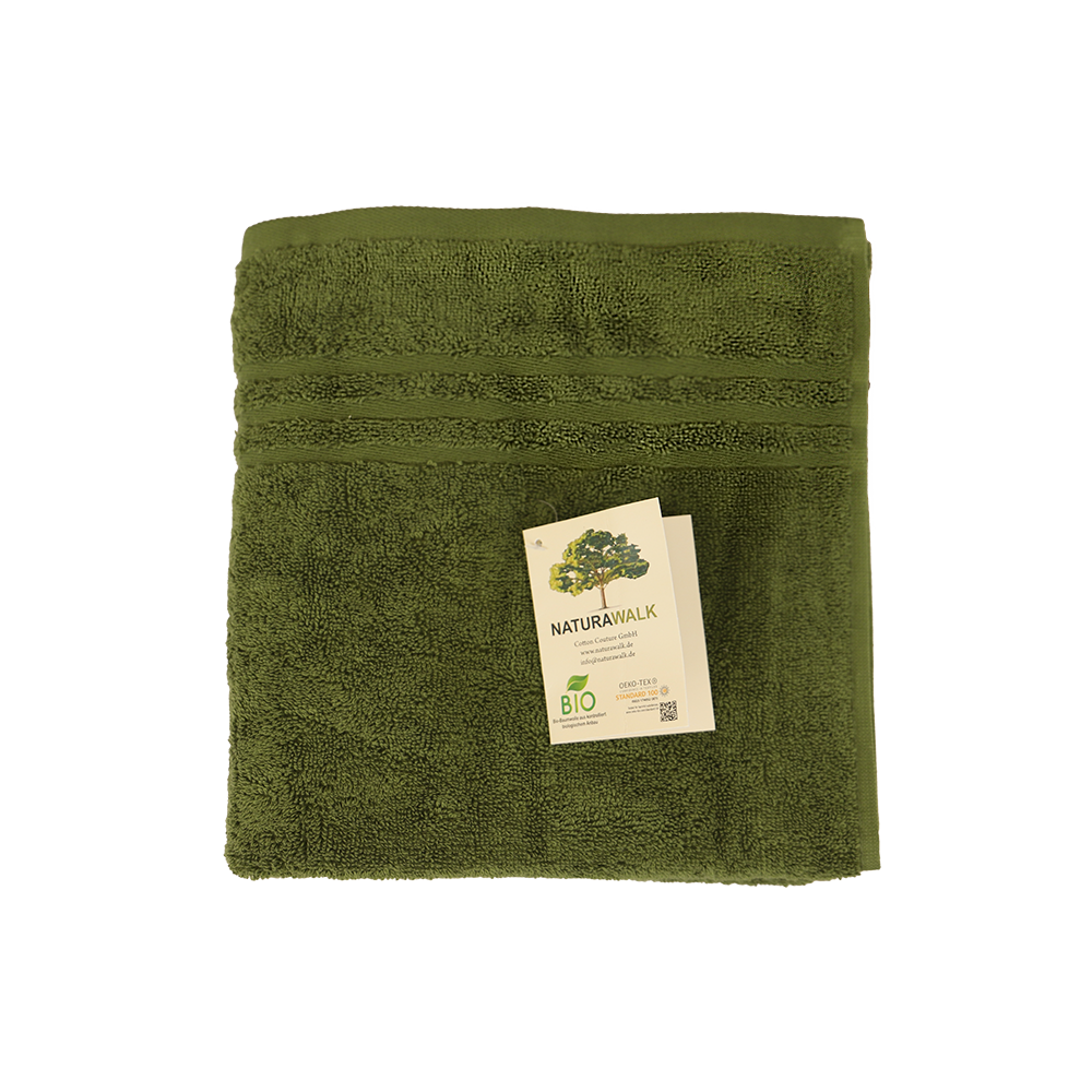 Ein Handtuch von NATURAWALK aus 100 Prozent Bio-Baumwolle in der Groesse 50x100cm. Farbe Gruen. Modell Milano Exclusiv Cypress.