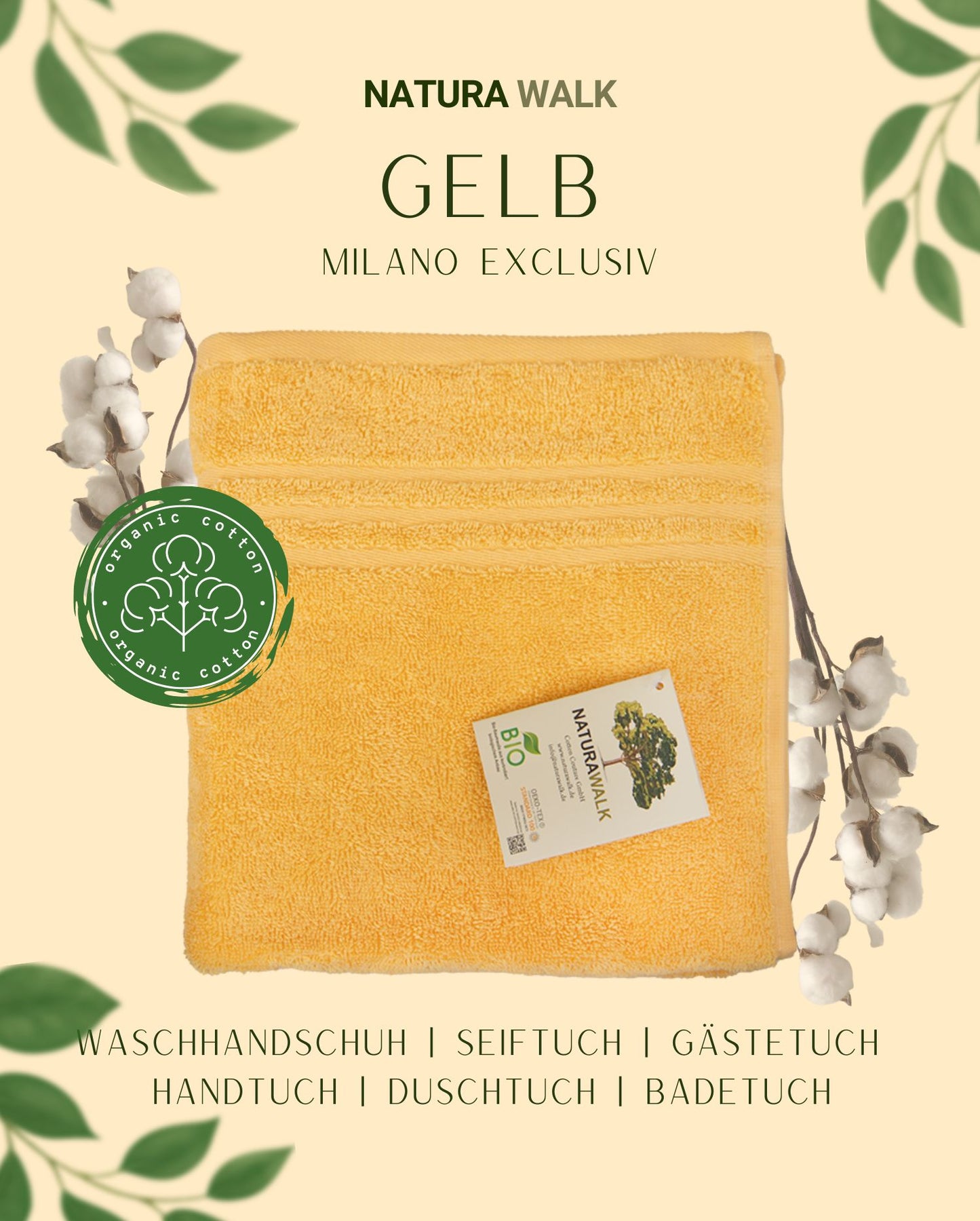 Ein Handtuch von NATURAWALK aus 100 Prozent Bio-Baumwolle in der Farbe Gelb. Modell Milano Exclusiv Gelb.
