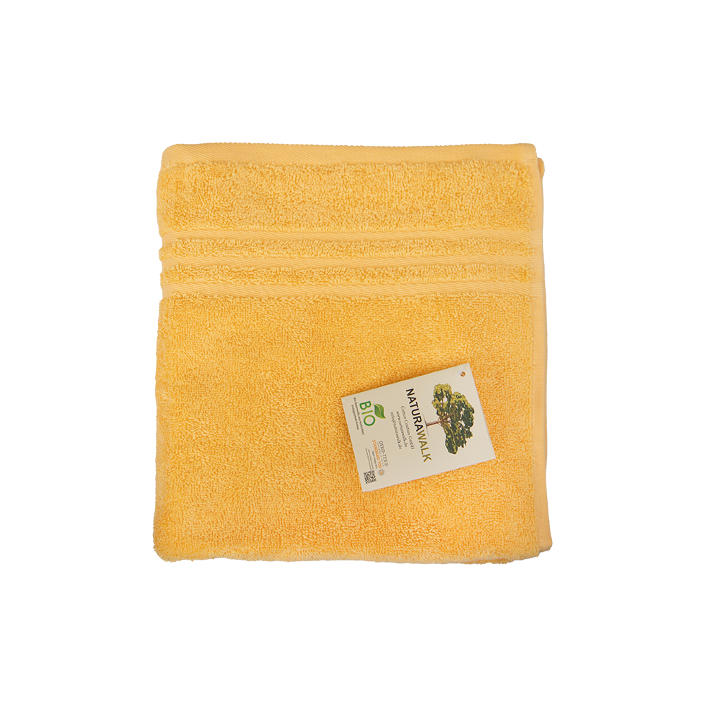 Ein Handtuch von NATURAWALK aus 100 Prozent Bio-Baumwolle in der Groesse 50x100cm. Farbe Gelb. Modell Milano Exclusiv Gelb.
