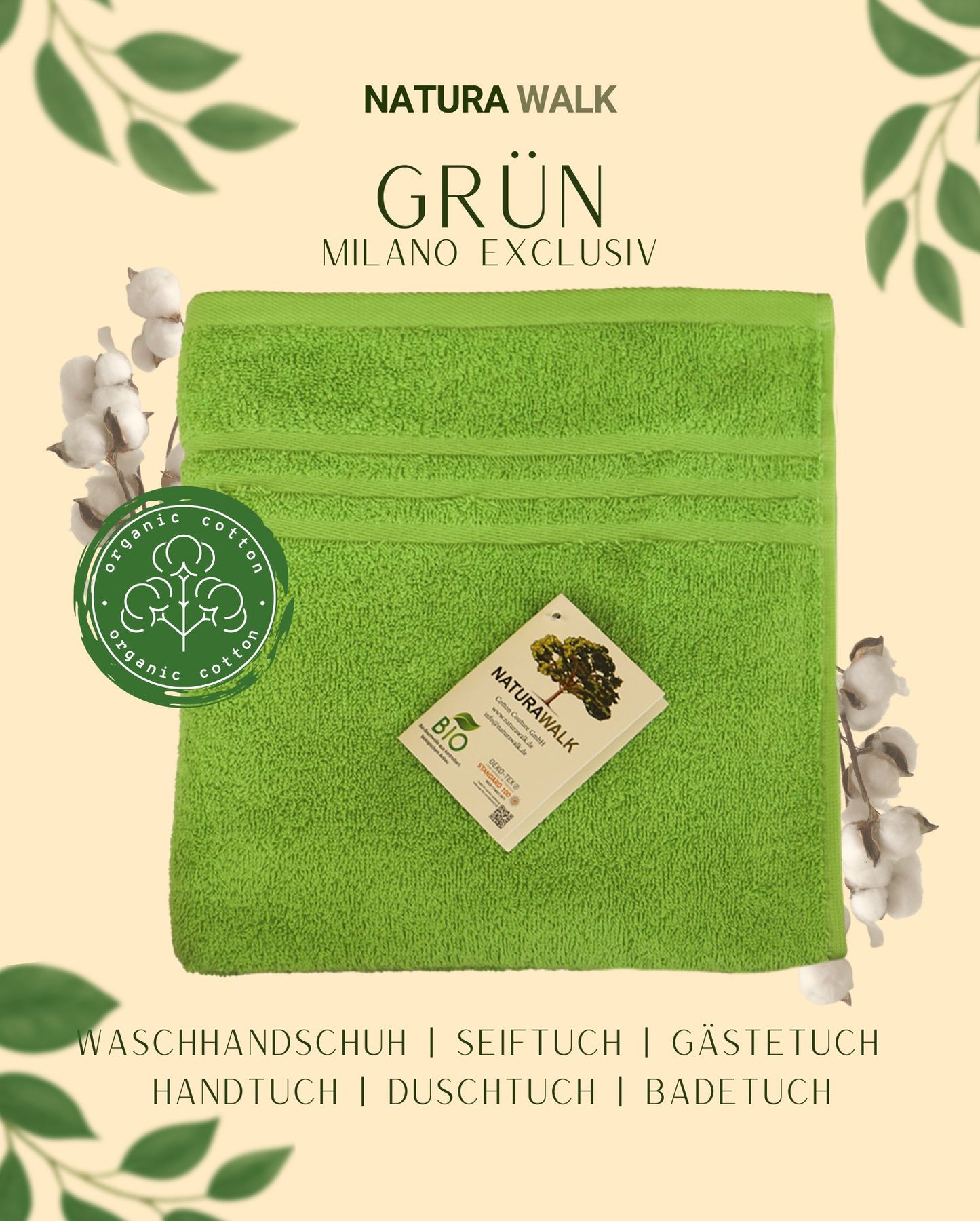 Ein Handtuch von NATURAWALK aus 100 Prozent Bio-Baumwolle in der Farbe Gruen. Modell Milano Exclusiv Gruen.