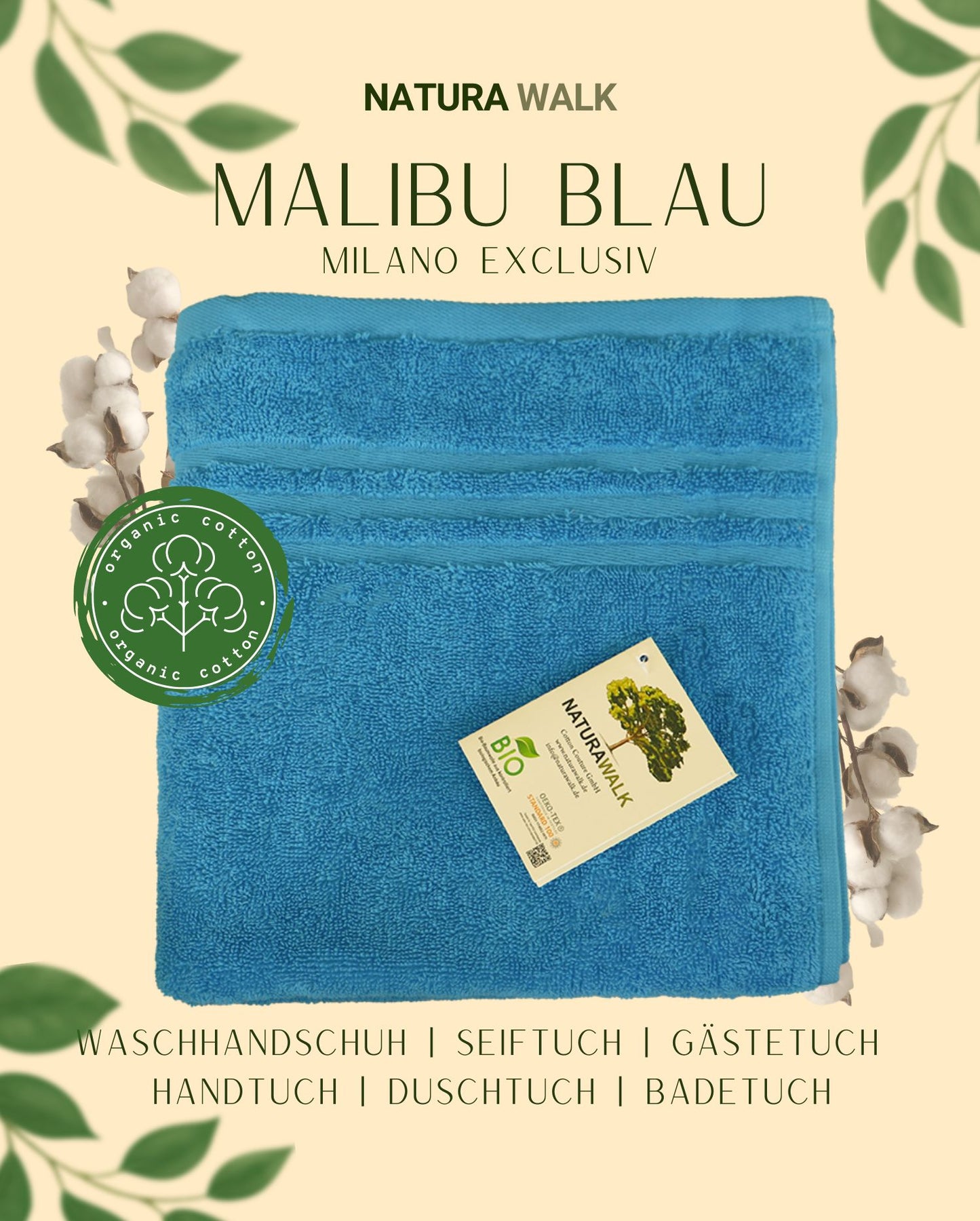 Ein Handtuch von NATURAWALK aus 100 Prozent Bio-Baumwolle in der Farbe Blau. Modell Milano Exclusiv Malibu Blau.