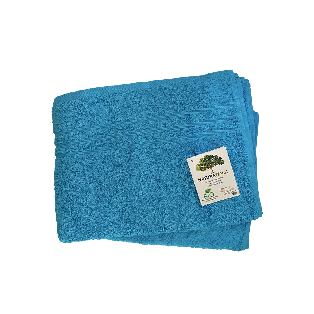 Duschtuch in der Groesse 70x140cm und Badetuch in der Groesse 100x150cm von NATURAWALK aus 100 Prozent Bio-Baumwolle. Farbe Blau. Modell Milano Exclusiv Malibu Blau.