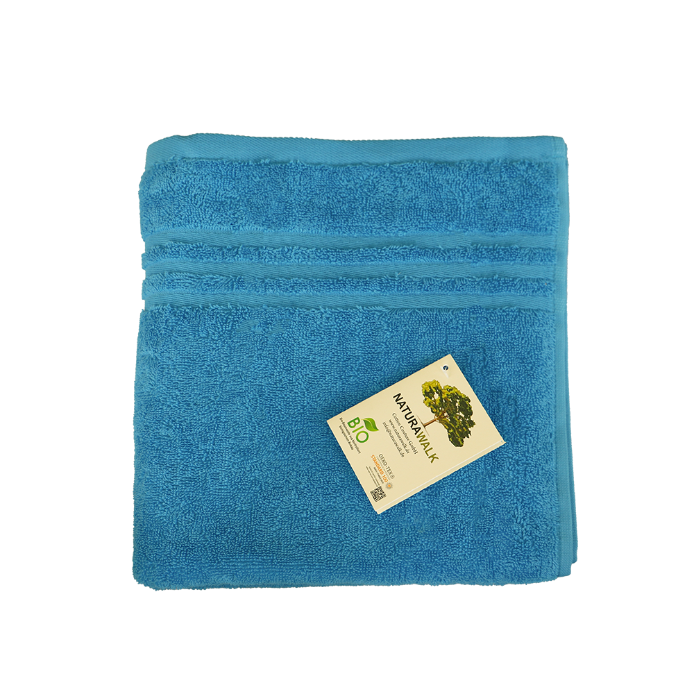 Ein Handtuch von NATURAWALK aus 100 Prozent Bio-Baumwolle in der Groesse 50x100cm. Farbe Blau. Modell Milano Exclusiv Malibu Blau.