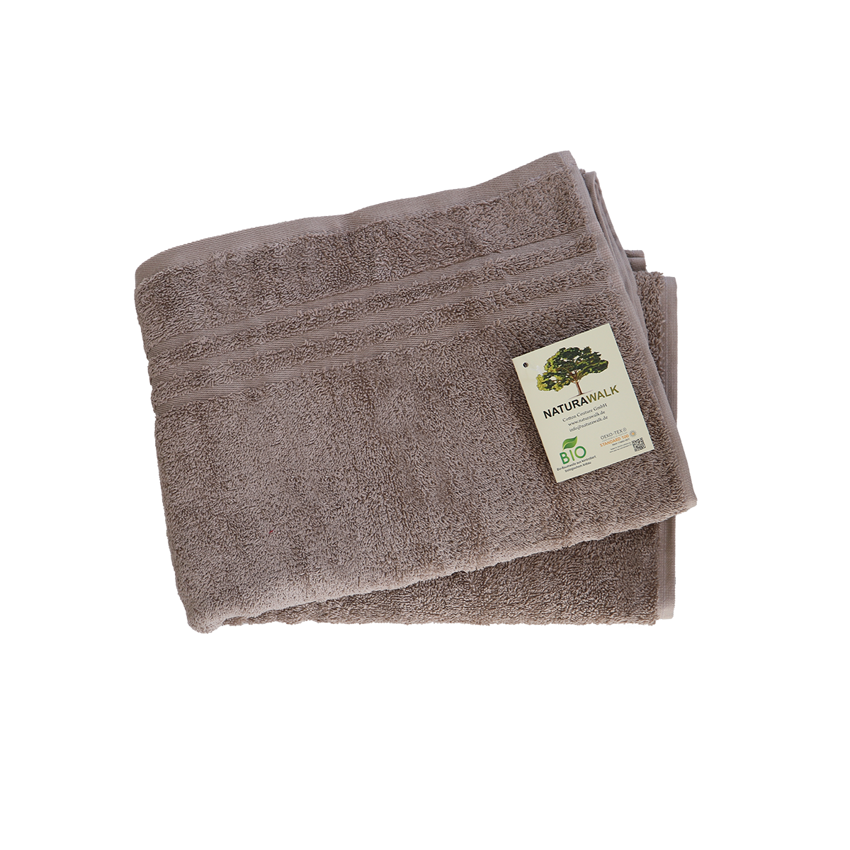 Duschtuch in der Groesse 70x140cm und Badetuch in der Groesse 100x150cm von NATURAWALK aus 100 Prozent Bio-Baumwolle. Farbe Taupe. Modell Milano Exclusiv Mauve.
