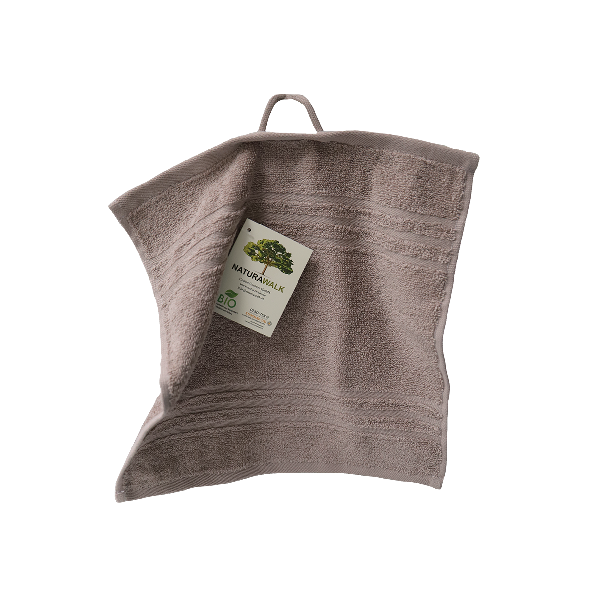 Ein Seiftuch von NATURAWALK aus 100 Prozent Bio-Baumwolle in der Groesse 30x30cm. Farbe Taupe. Modell Milano Exclusiv Mauve.