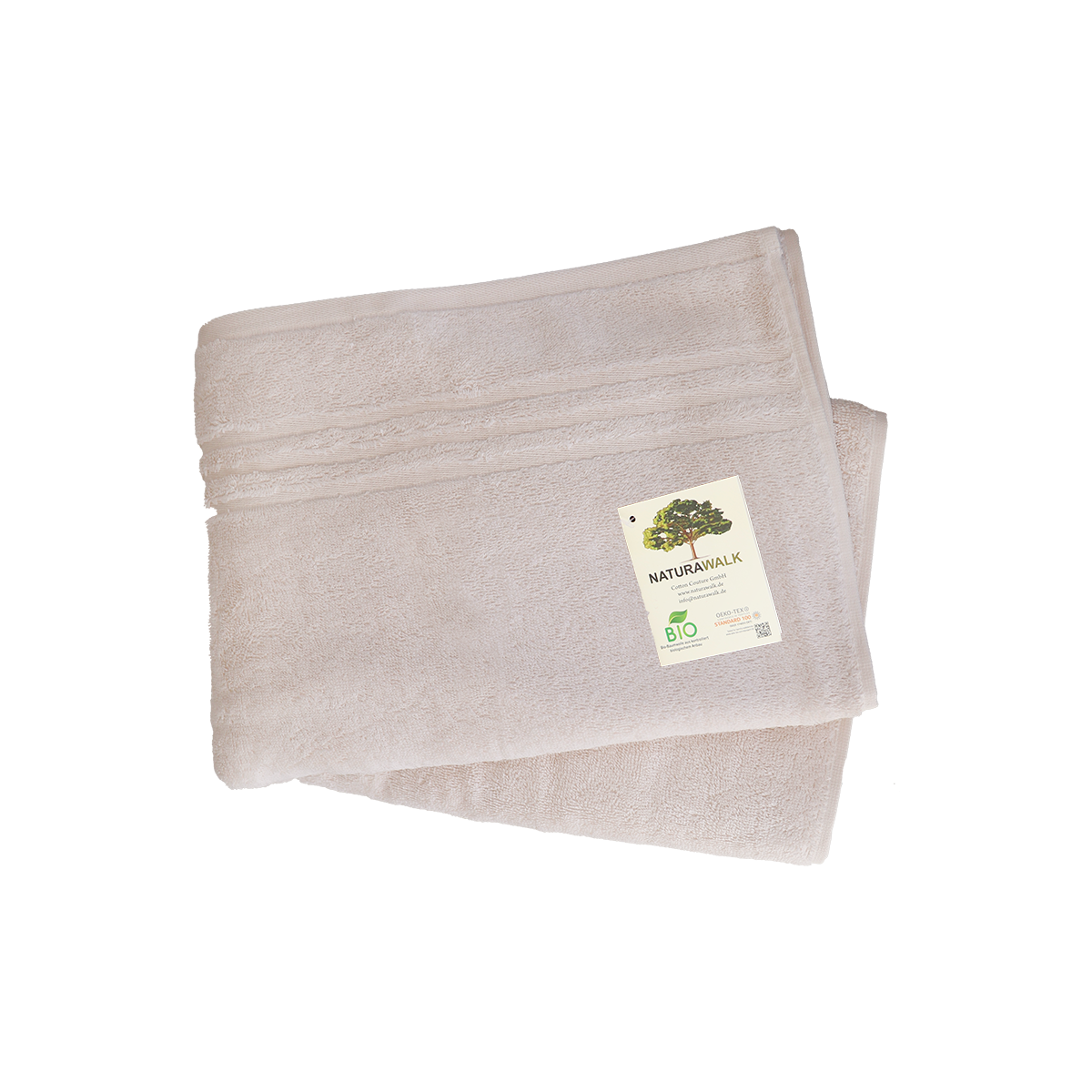 Duschtuch in der Groesse 70x140cm und Badetuch in der Groesse 100x150cm von NATURAWALK aus 100 Prozent Bio-Baumwolle. Farbe Beige. Modell Milano Exclusiv Natur.