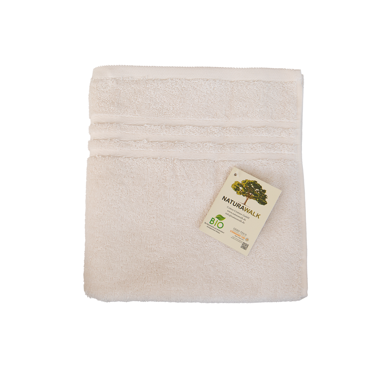 Ein Handtuch von NATURAWALK aus 100 Prozent Bio-Baumwolle in der Groesse 50x100cm. Farbe Beige. Modell Milano Exclusiv Natur.