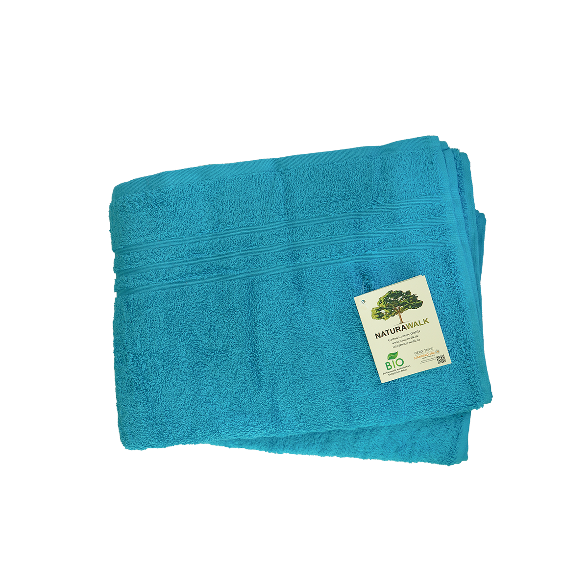 Duschtuch in der Groesse 70x140cm und Badetuch in der Groesse 100x150cm von NATURAWALK aus 100 Prozent Bio-Baumwolle. Farbe Tuerkis. Modell Milano Exclusiv Petrol.