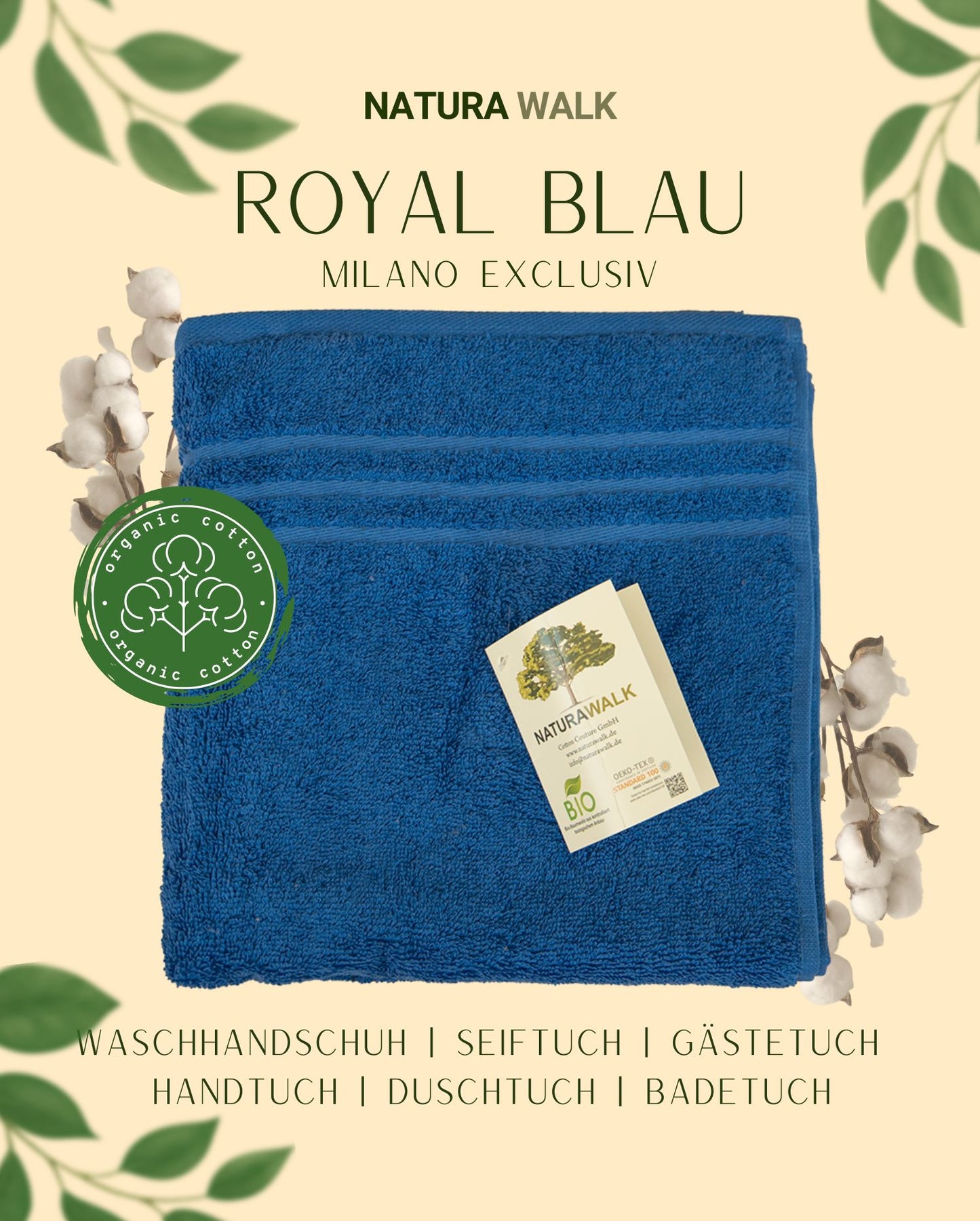 Ein Handtuch von NATURAWALK aus 100 Prozent Bio-Baumwolle in der Farbe Blau. Modell Milano Exclusiv Royalblau.