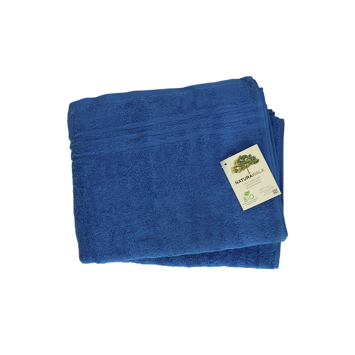 Duschtuch in der Groesse 70x140cm und Badetuch in der Groesse 100x150cm von NATURAWALK aus 100 Prozent Bio-Baumwolle. Farbe Blau. Modell Milano Exclusiv Royalblau.