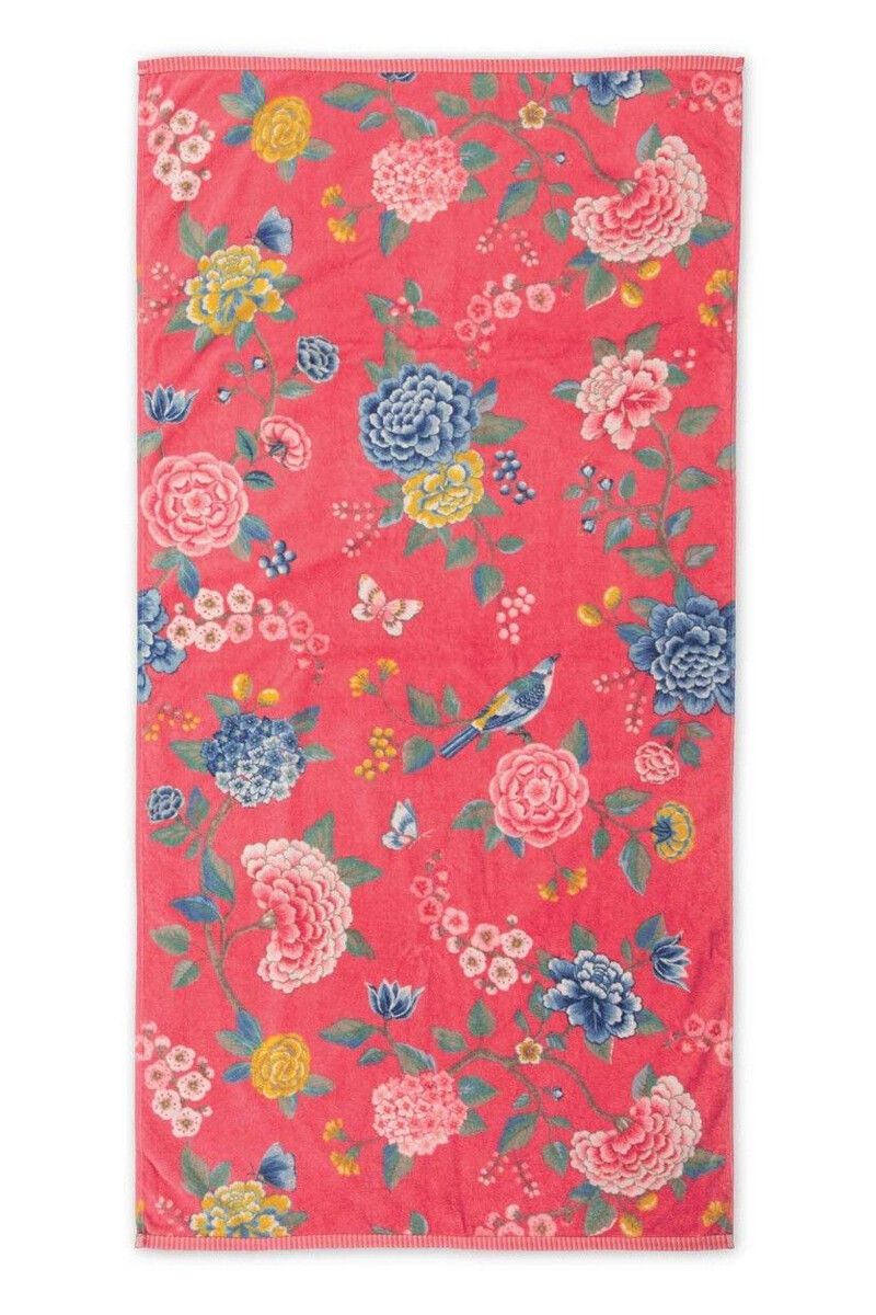 Duschtuch in der Groesse 70x140cm von PIP STUDIO aus 100 Prozent Baumwolle mit Muster aus Blumen und Voegeln. Farbe Pink. Modell Good Evening Coral.