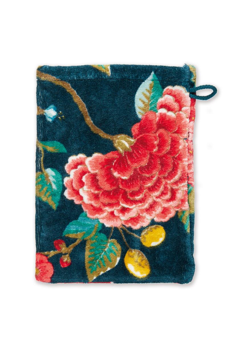 Ein Waschhandschuh von PIP STUDIO aus 100 Prozent Baumwolle in der Groesse 16x21cm mit Muster aus Bluemen. Farbe Blau. Modell Good Evening Dark Blue.