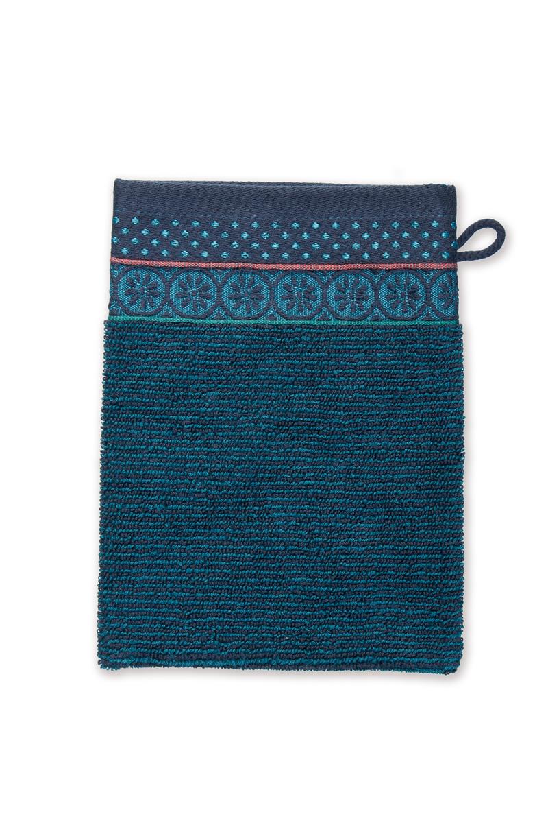 Ein Waschhandschuh von PIP STUDIO aus 100 Prozent Baumwolle in der Groesse 16x21cm mit Muster aus grafischen Formen. Farbe Blau. Modell Soft Zellige Dark Blue.