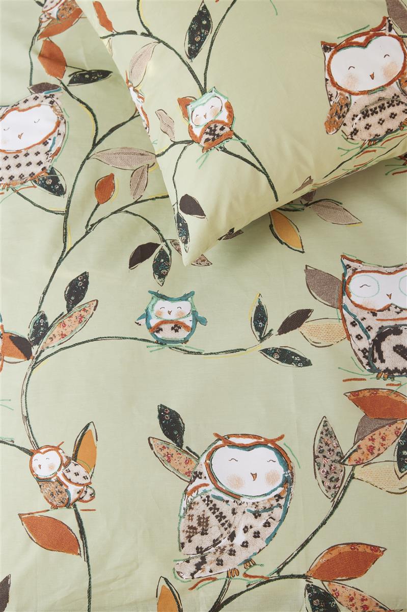 Detaildarstellung der Illustrationen auf der beddinghouse Bettwaesche Modell Owls Green.