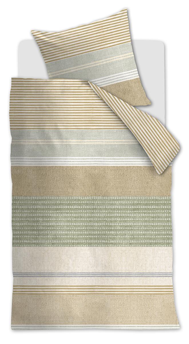Ein Kopfkissen und einer Bettdecke bezogen mit kuscheliger Mako-Satin Bettwaesche aus 100 Prozent Baumwolle von beddinghouse einem Streifendesign in der Farbe Gruen. Modell Lin Gruen.